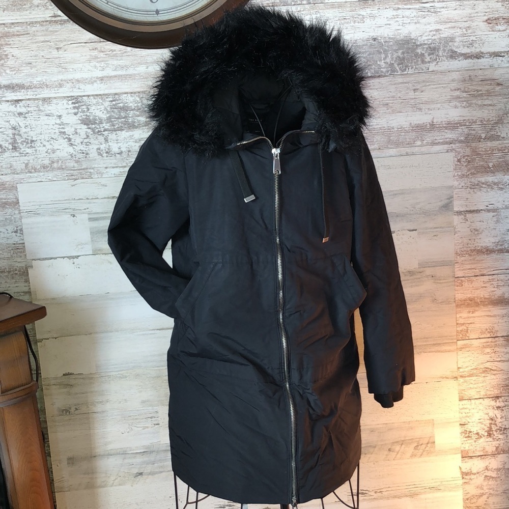 ZARA BASIC Outerwear long black jacket coat parka size small water repellent​​​ - Picture 2 of 11